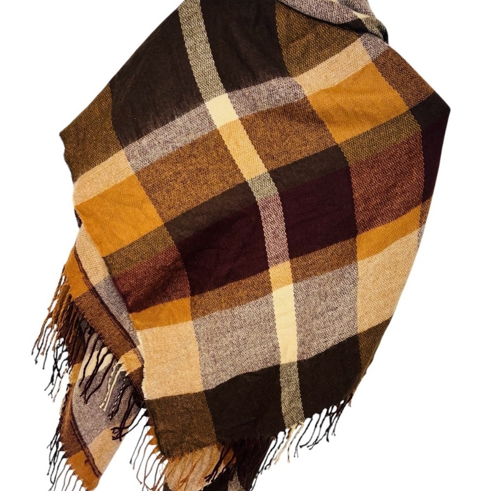 NWT Moss Rose Brown, Tan, and Gold Poncho with Frayed Ends - Picture 8 of 10